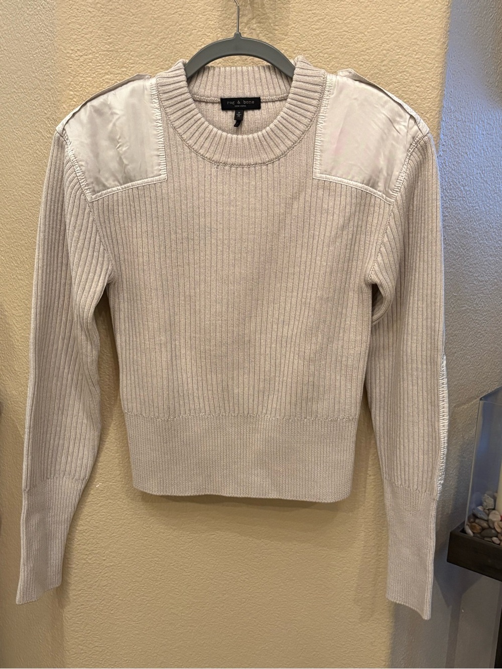 Rag & Bone Nikole Cream 100% Wool Ribbed Knit Satin Panel Sweater Size Medium